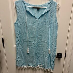 Sleeveless Aqua Striped Tassel Tunic swim coverup